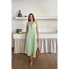 Faylora Keten Önden Düğmeli Kolsuz Gömlek Yaka Elbise - Mint