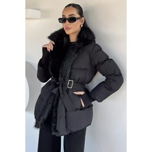 Gülseli Kadın Peluş Detaylı Bel Kemerli Mont P-00019882