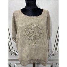 Kadın Oversize Kabartmalı Fileli %100 Keten Bluz