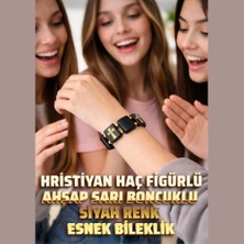 Hristiyan Haç Figürlü Ahşap Sarı Boncuklu Siyah Renk Esnek Bileklik Yılbaşı
