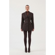 Holly Lolly Belden Oturmalı Çizgili Fit Kesim Karen Blazer Ceket Kahve