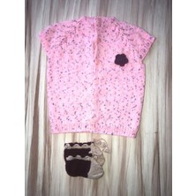 Mor Tırtıl El Örgüsü Pembe Kız Çocuk Yeleği Patik Hediyeli