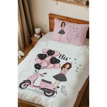 Homamia Isme Özel Baskılı %100 Pamuk Tek Kişilik Nevresim Takımı Kalp Balonlu Kız