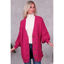 Lugmo Kadın Triko Hırka Akrilik Iplik 80 cm Saç Örgülü Fuşya