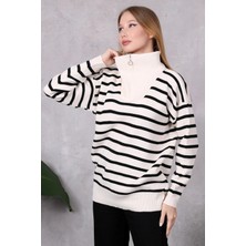 Lugmo Kadın Kamyoncu Yaka Oversize Çizgili Fermuarlı Uzun Triko Kazak Ten Rengi