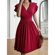 Faylora Kadın Kısa Fırfır Kollu Kruvaze Yakalı Kiloş Janjan Krep Elbise