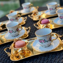 Manushum El Boyama Porselen 6lı Set Manolya Double Kahve Fincan Takımı-Beyaz