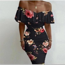 Faylora Kadın Madonna Yaka Çiçek Baskılı Volan Detay Kalem Elbise