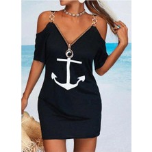 Faylora Fermuar Detay Çıpa Baskılı Zincir Askılı Viskon Elbise