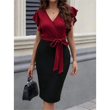 Faylora Kadın Kısa Kelebek Kollu Kruvaze Yakalı Çift Renkli Kuşaklı Ithal Krep Elbise