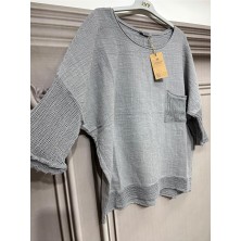 Kadın Oversize Fileli %100 Keten Bluz