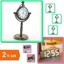 Hereveoyuncak Dijital Sese Duyarlı Alarmlı Masa Saati + Vintage Masa Üstü Pirinç Saat Model 1 - 2li Set A6C3G1