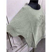Kadın Oversize Kabartmalı Fileli %100 Keten Bluz