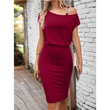 Faylora Kadın Kısa Kollu Tek Omuz Askı ve Aksesuar Detay Beli Lastikli Krep Elbise