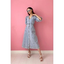 Faylora Eyesof Kar Yıkama Balon Kol Kot Elbise