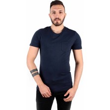 Five Pocket Erkek Bisiket Yaka Cepli Tişört Oversize Lacivert