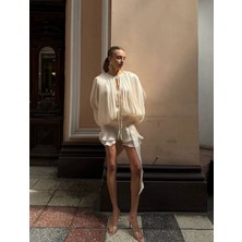 Cemo Kat Kat Fırfırlı Bol Kesimli Pileli Bluz Mini Elbise