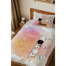 Homamia Isme Özel Baskılı %100 Pamuk Tek Kişilik Nevresim Takımı Kediler