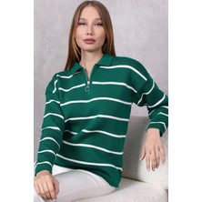 Lugmo Kadın Polo Yaka Oversize Çizgili Fermuarlı Triko Kazak Yeşil