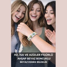 Hz. Isa ve Azizler Figürlü Ahşap Beyaz Boncuklu Beyaz Esnek Bileklik