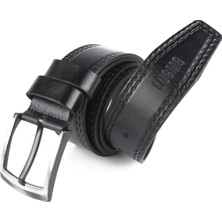 Lugmo Hakiki Deri Erkek Kemer 4,5 cm Dikiş Desenli Siyah