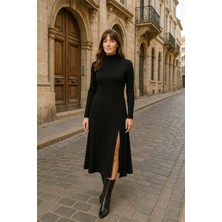 Faylora Kadın Uzun Kollu Balıkçı Yaka Derin Yırtmaç Detay Krep Elbise 120 cm