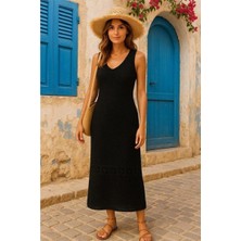 Faylora Kadın V Yaka Tam Askılı Tam Boy Ajurlu Triko Elbise