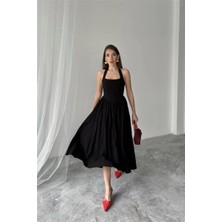 Faylora Siyah Boyundan Bağlamalı Keten Elbise