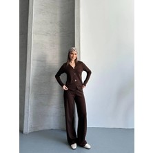 Esila Moda Kadın Kahverengi Düğmeli Fitilli Ikili Takım