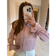 Alyalis Butik Büzgü Manşet Detaylı Çizgili Modal Gömlek - Bordo