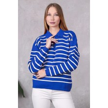 Lugmo Kadın Polo Yaka Oversize Çizgili Fermuarlı Triko Kazak Saks Mavi