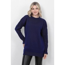 Lugmo Kadın Triko Kazak Bisiklet Yaka Kolu Desenli Oversize Lacivert