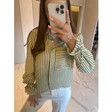 Alyalis Butik Büzgü Manşet Detaylı Çizgili Modal Gömlek - Yeşil