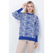 Lugmo Kadın Triko Kazak Bisiklet Yaka Zebra Desenli Oversize Yırtmaçlı Saks Mavi