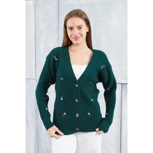 Lugmo Kadın Triko Hırka Çiçek Standart Beden Zümrüt Yeşili