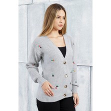 Lugmo Kadın Triko Hırka Çiçek Standart Beden Gri