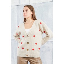 Lugmo Kadın Triko Hırka Kalpli Standart Beden Taş