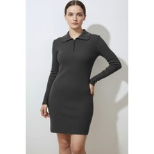 Ys Kadın Fermuarlı Polo Yaka Gri Elbise