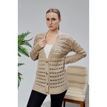 Lugmo Kadın Triko Hırka Çiçek Nakışlı Delikli Standart Beden Vizon