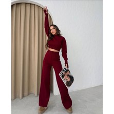 Ys Triko Pantolon ve Parmak Geçmeli Bordo Kazak Ikili Takım