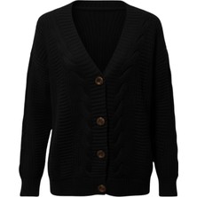 Ys Kadın Siyah Düğmeli Kısa Triko Hırka - Burgulu Örgü Desenli