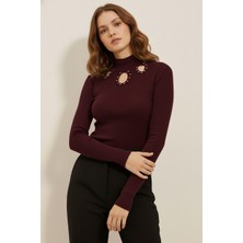 Ys Balıkçı Yaka Out Cut Kesimli Boncuk Işlemeli Bluz - Kahverengi