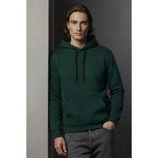 Ys Unisex Kışlık Koyu Yeşil Üç Iplik Şardonlu Pamuklu Kalın Basic Kapüşonlu Hoodie Sweatshirt