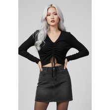 Ys Siyah Uzun Kollu Kaşkorse Crop Bluz Büzgülü V Yaka