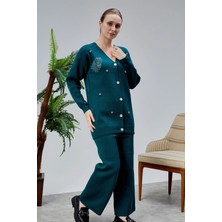 Lugmo Kadın Triko Takım Taşlı Standart Beden Petrol Yeşili