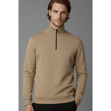 Ys Unisex Kışlık Açık Kahve Yarım Fermuarlı Dik Yaka 2 Iplik Basic Sweatshirt