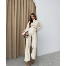 Ys Triko Krem Pantolon ve Parmak Geçmeli Kazak Ikili Takım