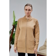 Lugmo Kadın Triko Hırka Fermuarlı Cepli Standart Beden Vizon