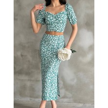 Ys Kadın Yeşil Çiçek Desenli Yırtmaçlı Etekli Crop Bluz Ikili Takım