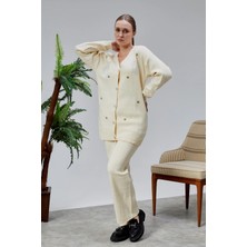 Lugmo Kadın Triko Takım Taşlı Standart Beden Ekru